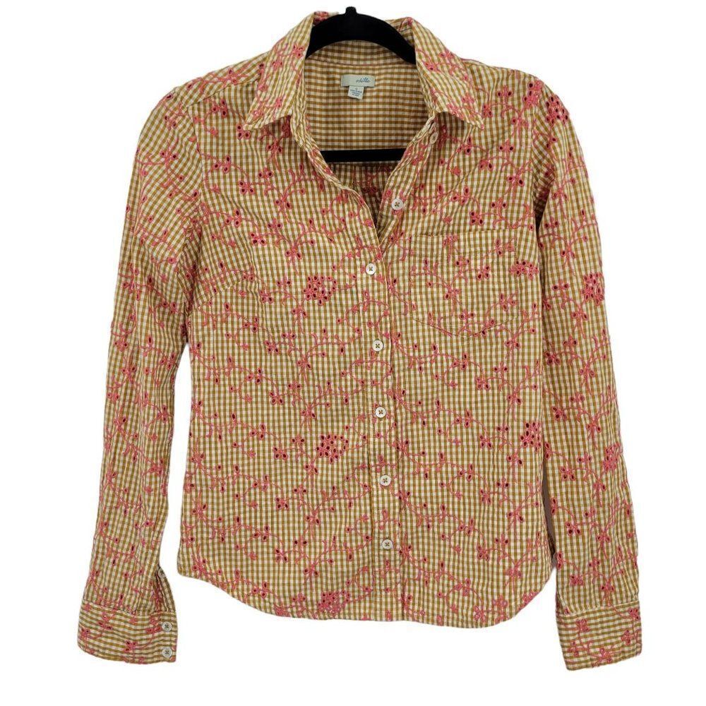 Odille Top Button Up Cottagecore Gingham Eyelet Floral Embroidered Mustard Sz 0
